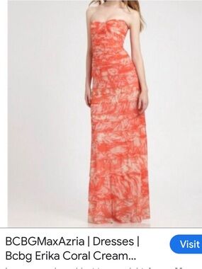 BCBGMaxAzria Erika Coral Cream Strapless Maxi Dress NWT